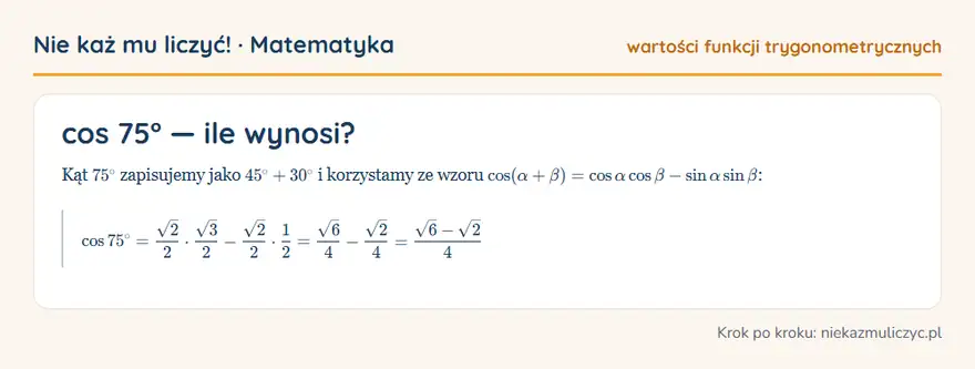 cos 75° — wyprowadzenie wartości krok po kroku