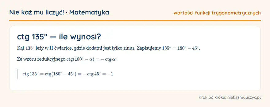 ctg 135° — wyprowadzenie wartości krok po kroku