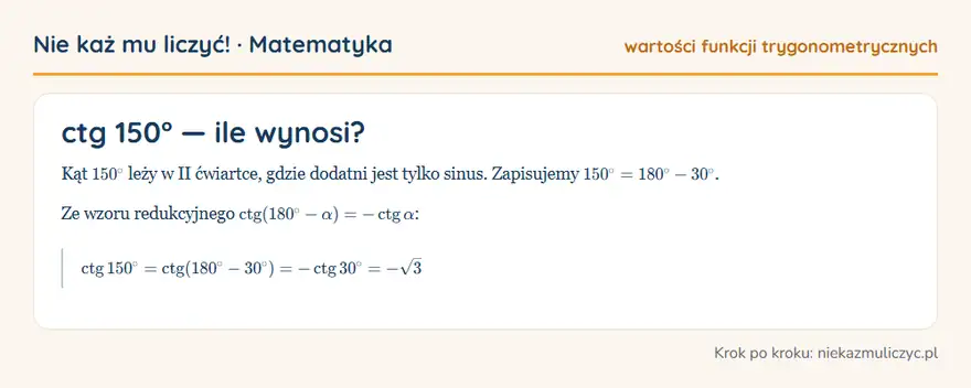 ctg 150° — wyprowadzenie wartości krok po kroku