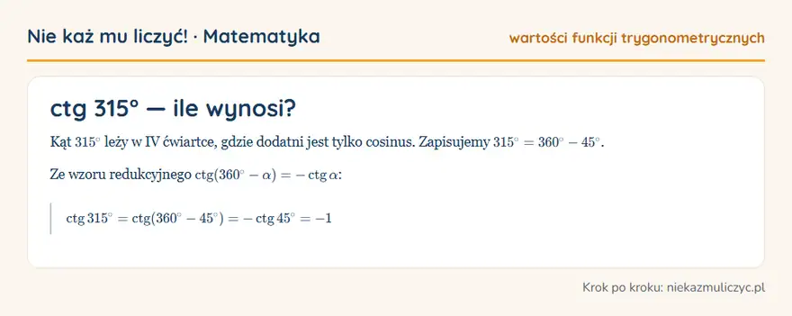 ctg 315° — wyprowadzenie wartości krok po kroku