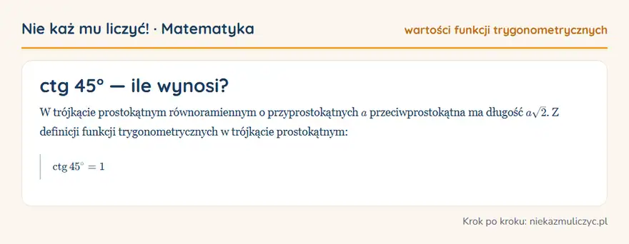ctg 45° — wyprowadzenie wartości krok po kroku
