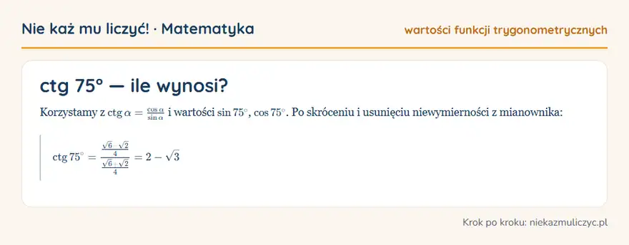 ctg 75° — wyprowadzenie wartości krok po kroku