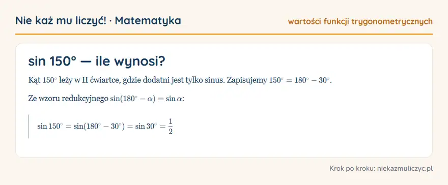 sin 150° — wyprowadzenie wartości krok po kroku