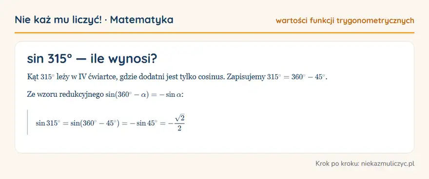 sin 315° — wyprowadzenie wartości krok po kroku