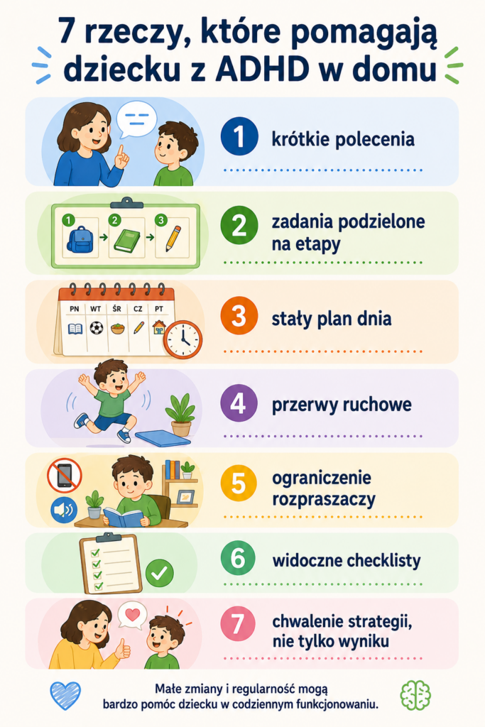 Infografika z praktycznymi sposobami pomocy dziecku z ADHD w domu.