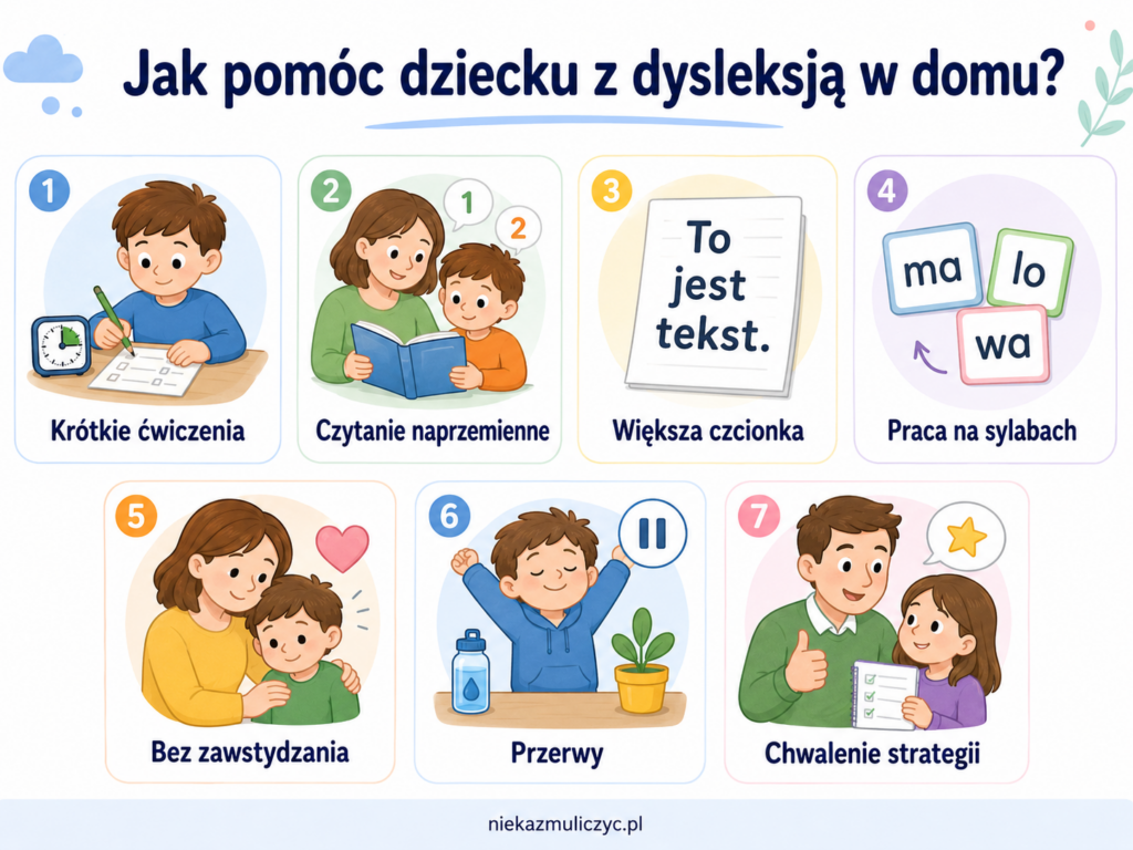 Infografika z poradami, jak pomóc dziecku z dysleksją w domu