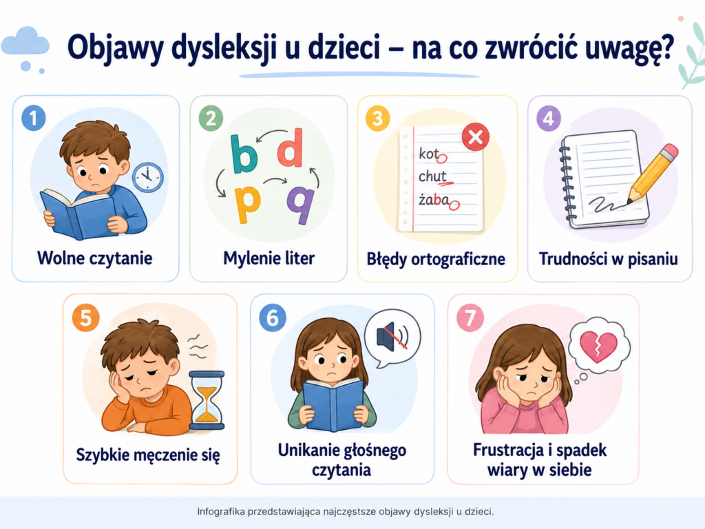 Dysleksja objawy: Infografika przedstawiająca najczęstsze objawy dysleksji u dzieci