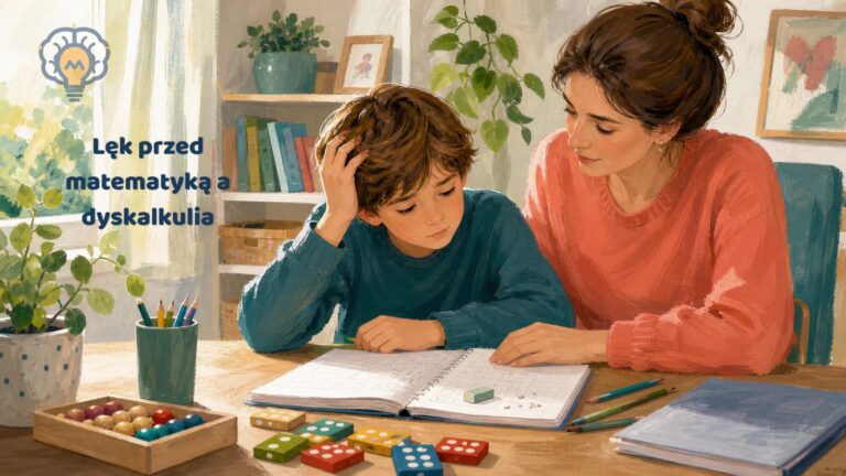 Dziecko i rodzic spokojnie analizują trudność w zadaniu matematycznym.