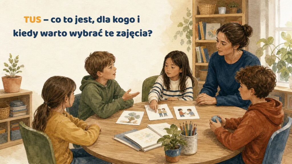 Mała grupa dzieci uczestnicząca w treningu umiejętności społecznych z osobą prowadzącą.