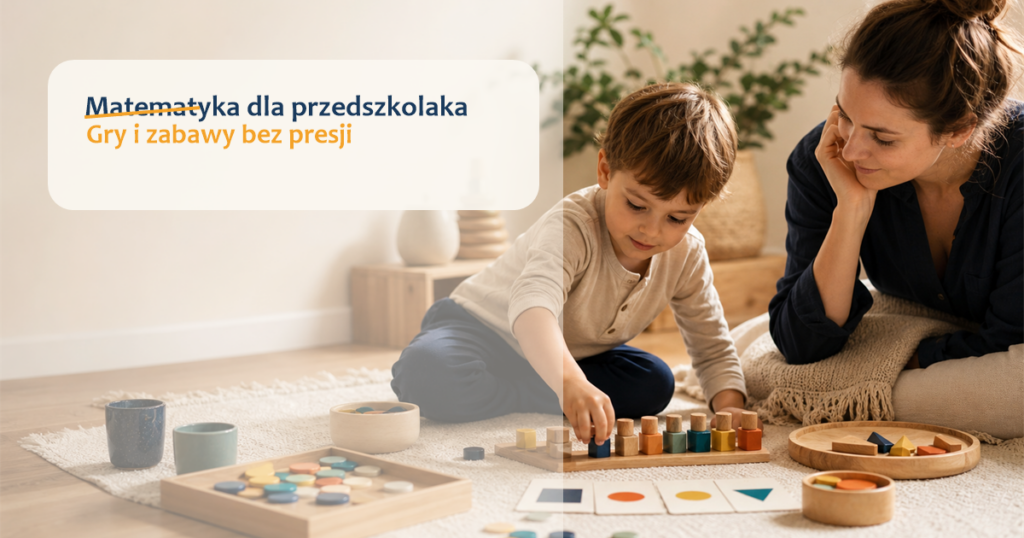 Matematyka dla przedszkolaka bez presji: dziecko bawi się klockami z dorosłym i uczy się porównywania oraz liczenia.