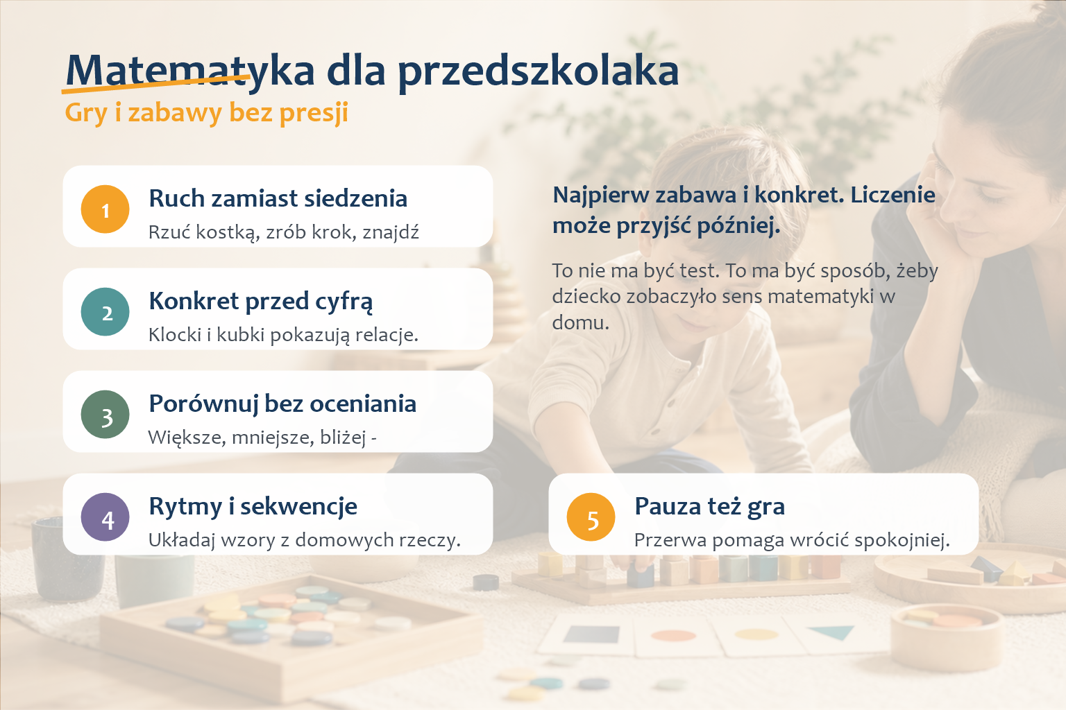 Infografika pokazuje sześć podstaw matematyki dla przedszkolaka: porównywanie, liczenie konkretnych rzeczy, sortowanie, rytmy, orientację w przestrzeni i mierzenie.