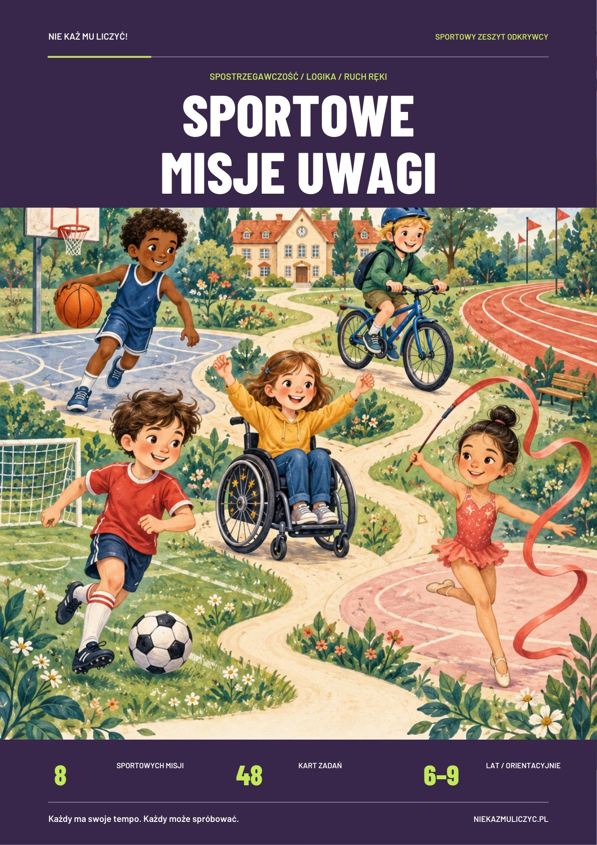 Okładka Sportowe misje uwagi — dzieci na boisku, śliwkowy fiolet i limonkowe akcenty