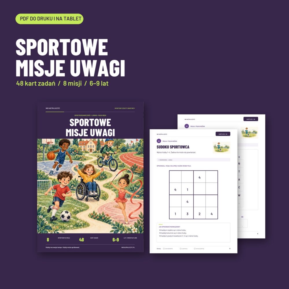 Sportowe misje uwagi — okładka, szyfr i sudoku z zestawu 48 kart zadań