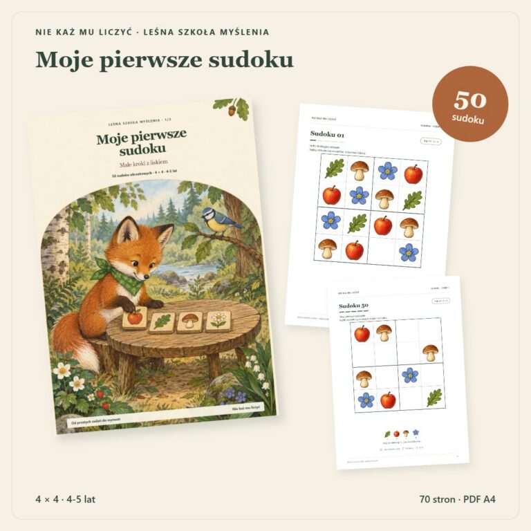 Moje pierwsze sudoku — okładka z liskiem i dwie plansze sudoku 4 × 4