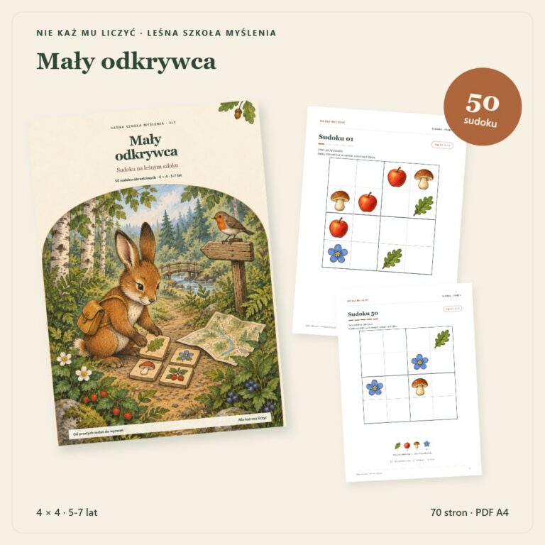 Mały odkrywca — okładka książeczki i dwie plansze sudoku obrazkowego 4 × 4