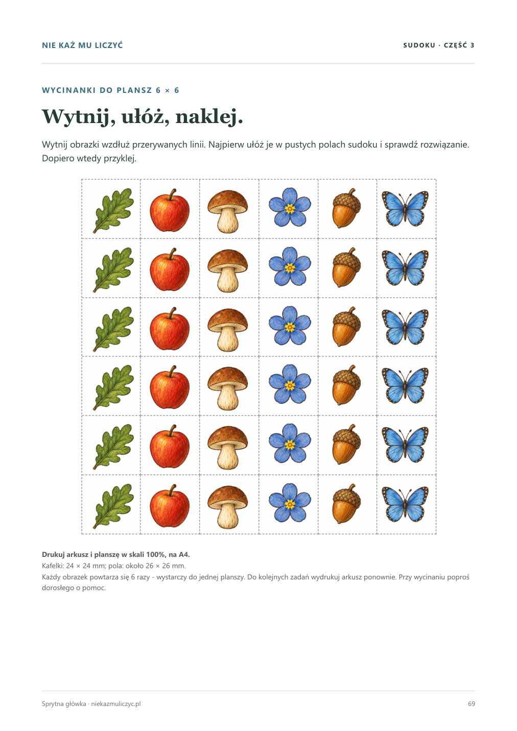 Arkusz wycinanek do naklejania w sudoku 6 × 6