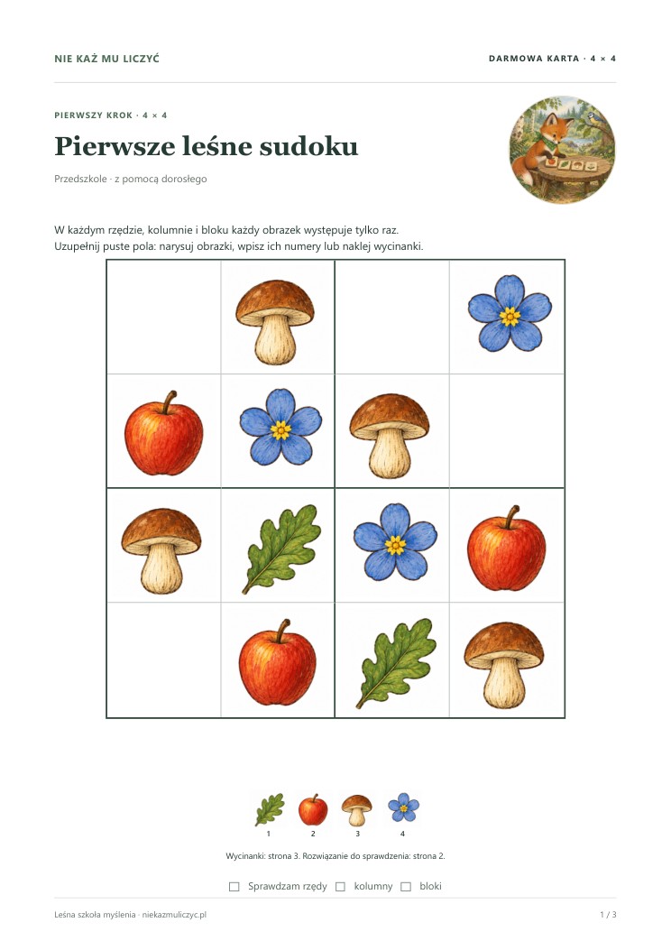 Pierwsze leśne sudoku 4 × 4 — darmowa karta pracy PDF