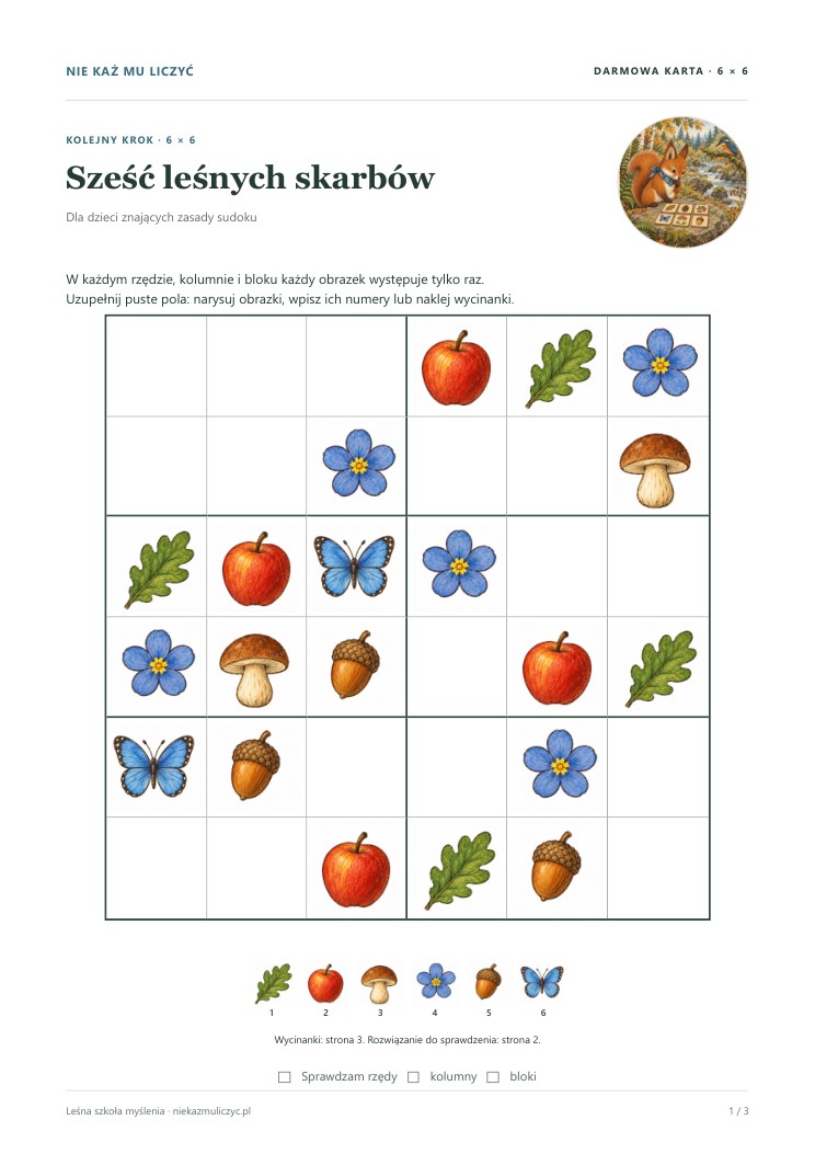 Sześć leśnych skarbów — sudoku 6 × 6 — darmowa karta pracy PDF