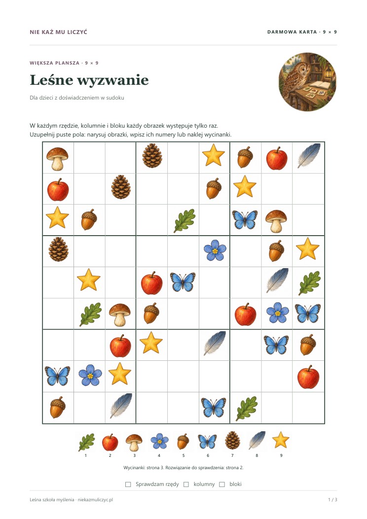 Leśne wyzwanie — sudoku 9 × 9 — darmowa karta pracy PDF