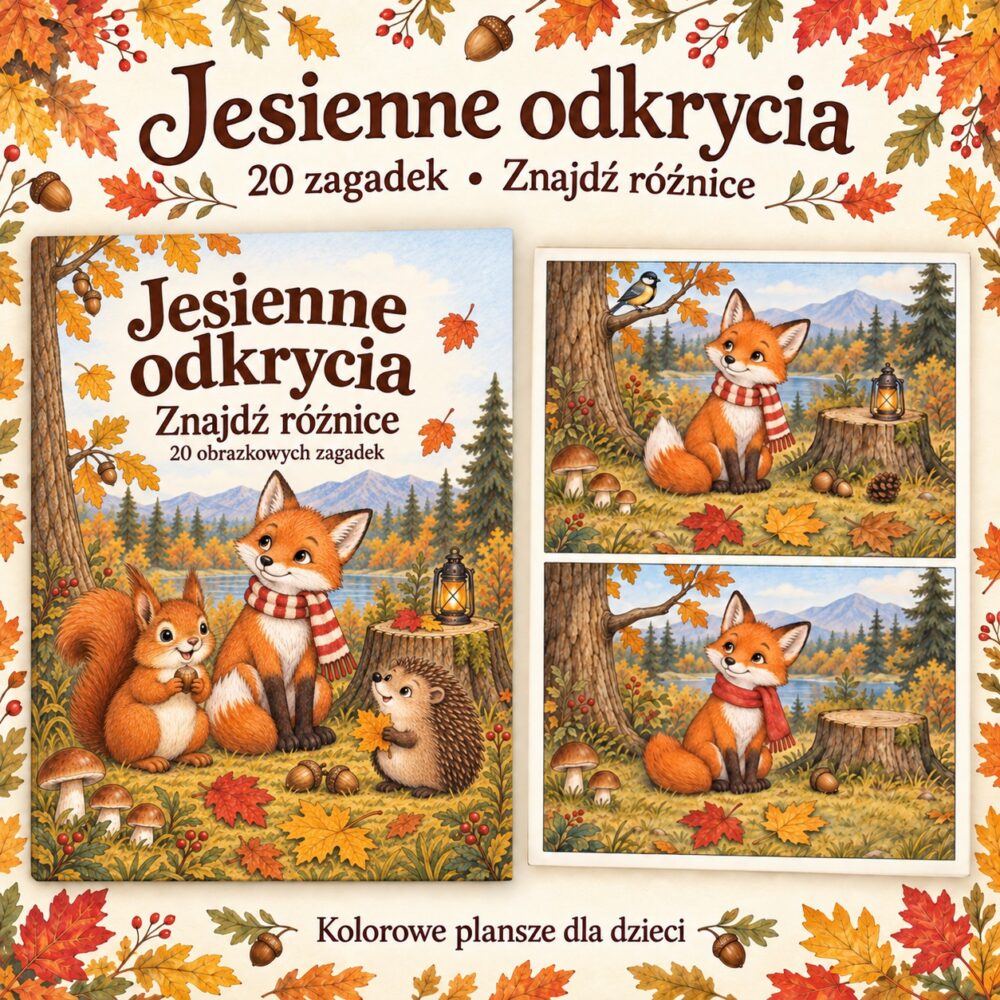 Jesienne odkrycia — kolorowe zagadki znajdź różnice dla dzieci, 20 plansz w książkowym stylu