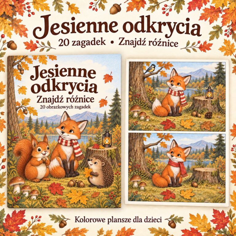 Jesienne odkrycia — kolorowe zagadki znajdź różnice dla dzieci, 20 plansz w książkowym stylu