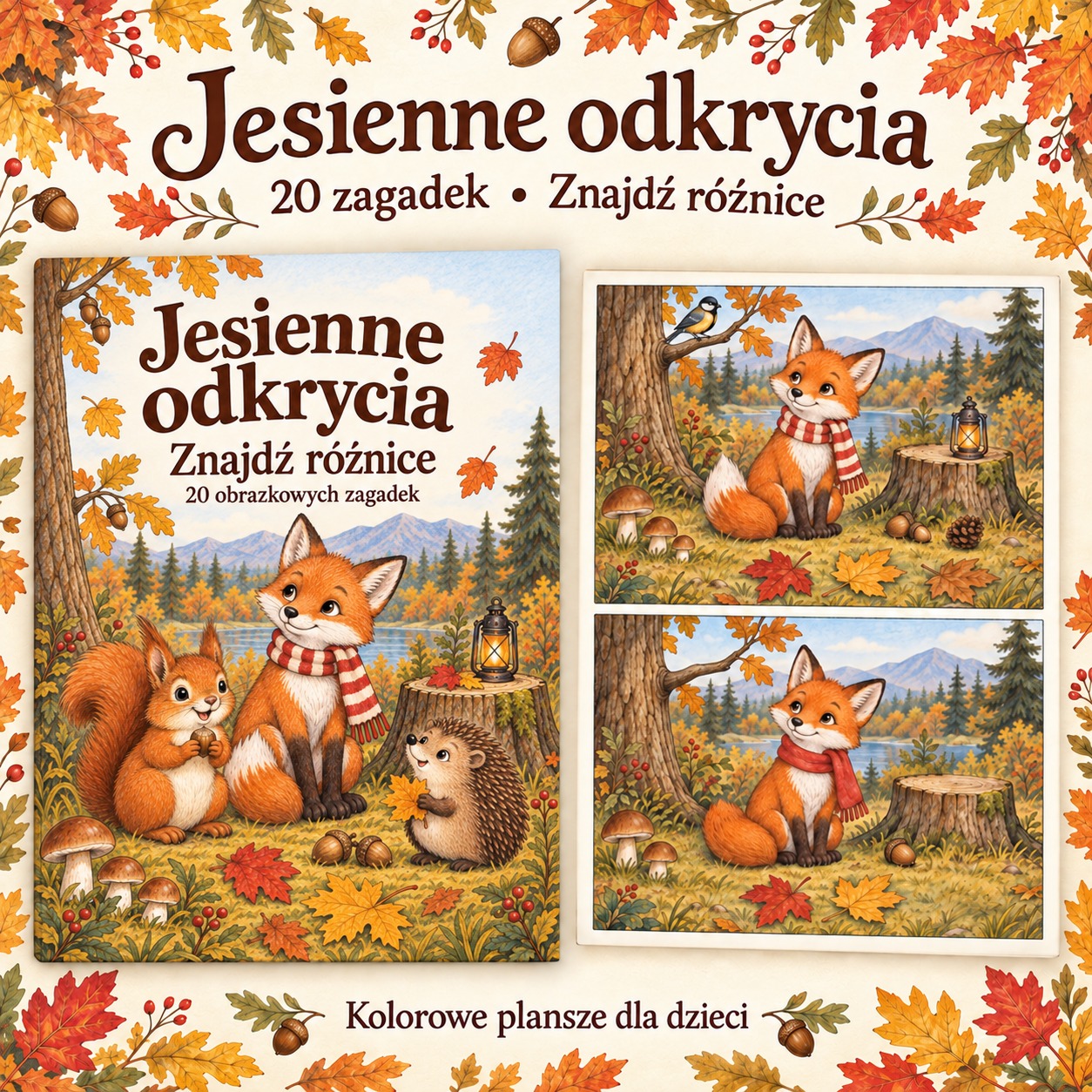 Okładka: Jesienne odkrycia — 20 zagadek „Znajdź różnice”