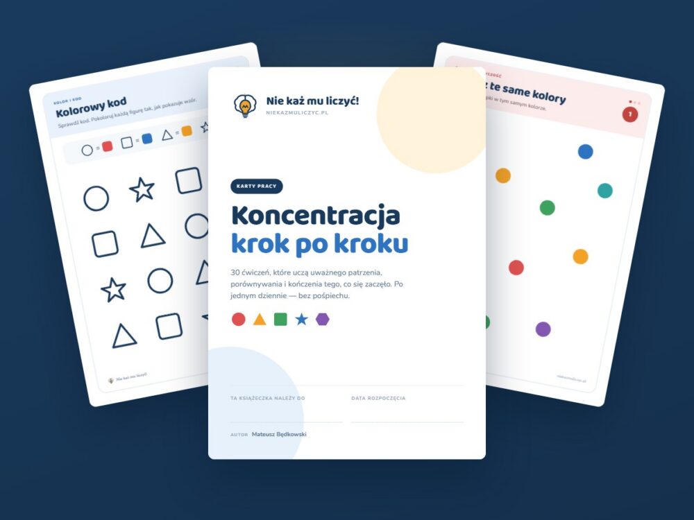 Okładka i dwie karty pracy z książeczki „Koncentracja krok po kroku” — karty pracy dla dzieci 5–8 lat