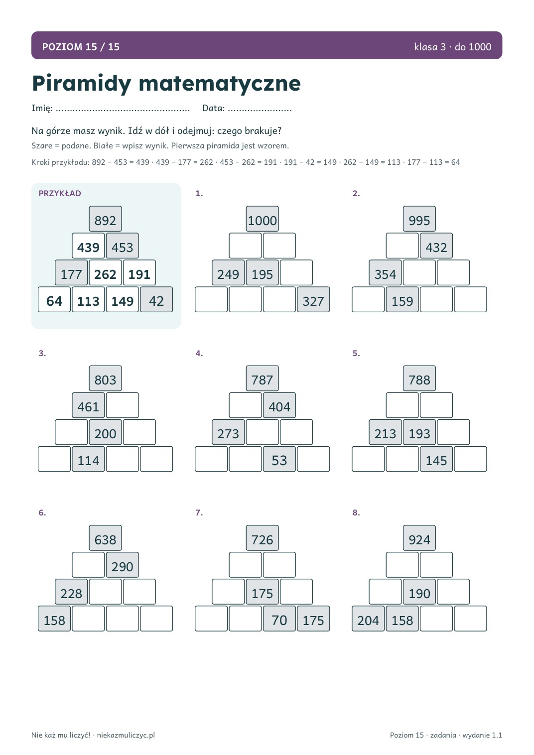 Piramidy matematyczne — Poziom 15: piramidy do 1000