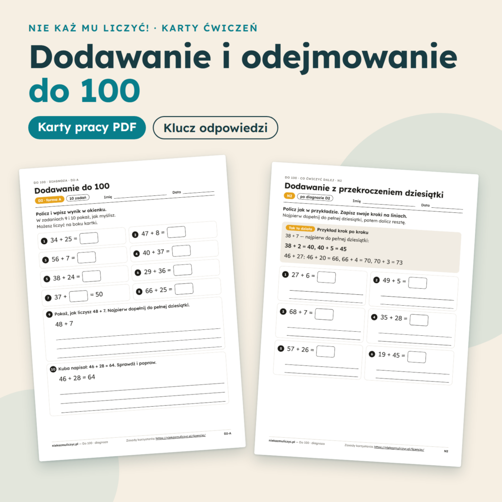 Dodawanie i odejmowanie do 100 – karty pracy PDF, podgląd kart z zestawu