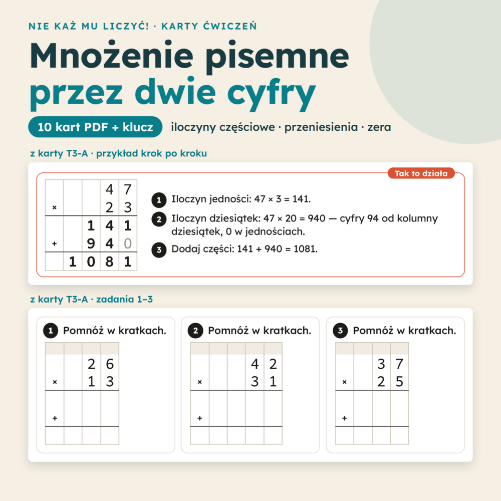 Mnożenie pisemne przez dwie cyfry – 10 kart pracy PDF, przykładowe działania na karcie
