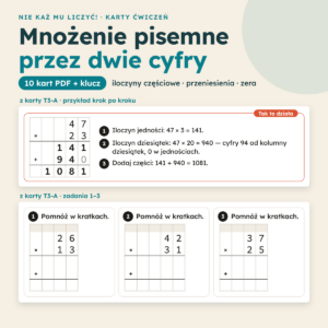 Mnożenie pisemne przez dwie cyfry – 10 kart pracy PDF, przykładowe działania na karcie