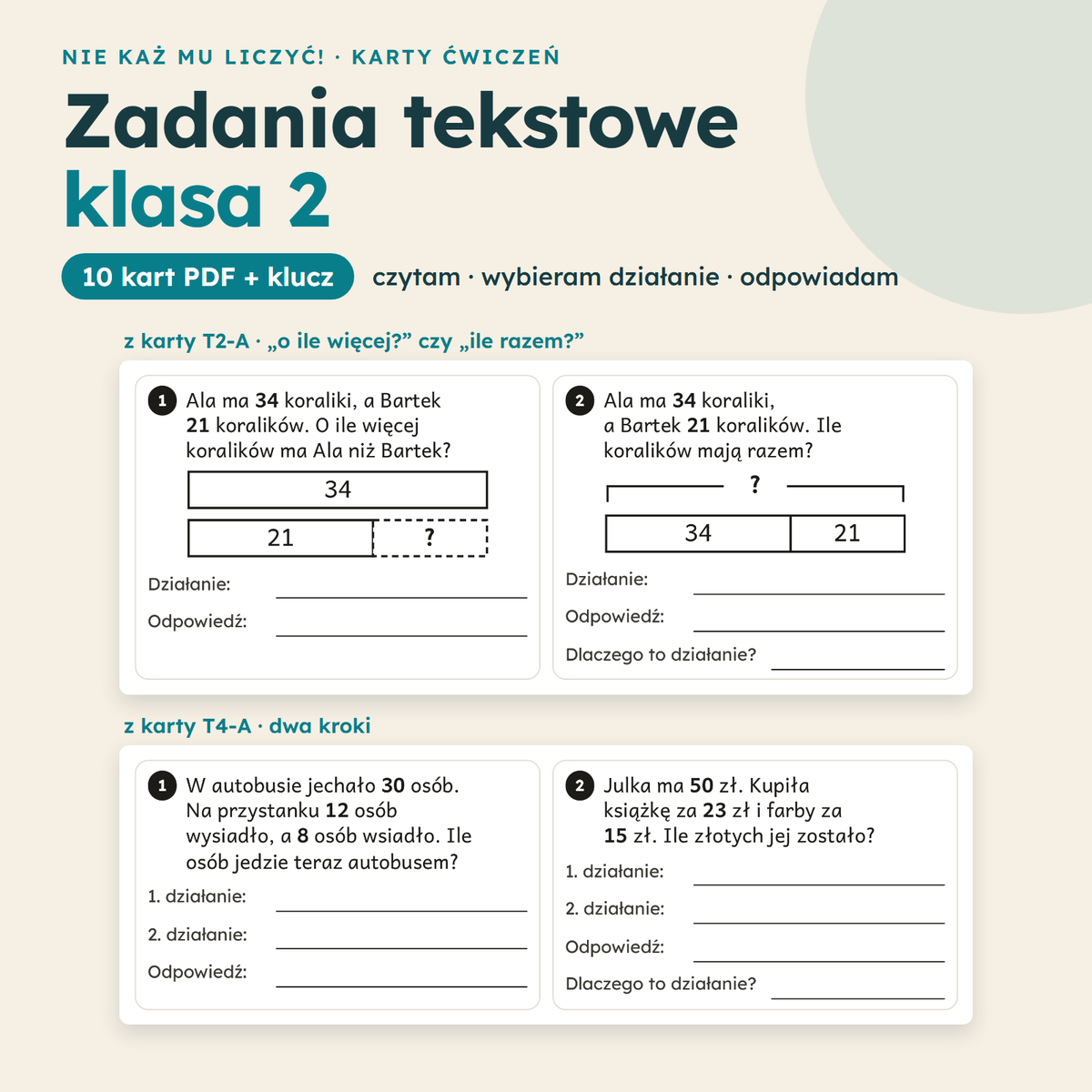 Okładka: Zadania tekstowe klasa 2 – 10 kart pracy PDF z kluczem