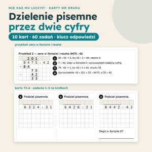 Dzielenie pisemne przez liczbę dwucyfrową – przykłady i zadania na kartkach w kratkę