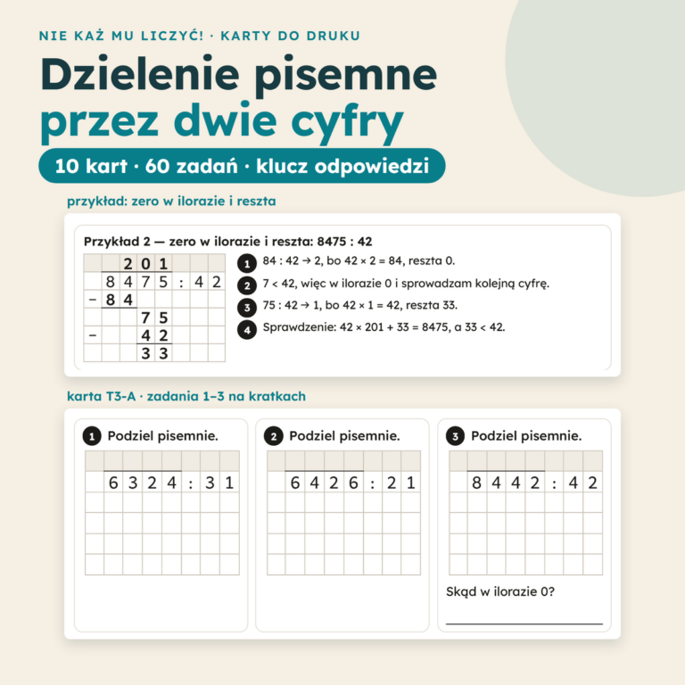 Dzielenie pisemne przez liczbę dwucyfrową – przykłady i zadania na kartkach w kratkę