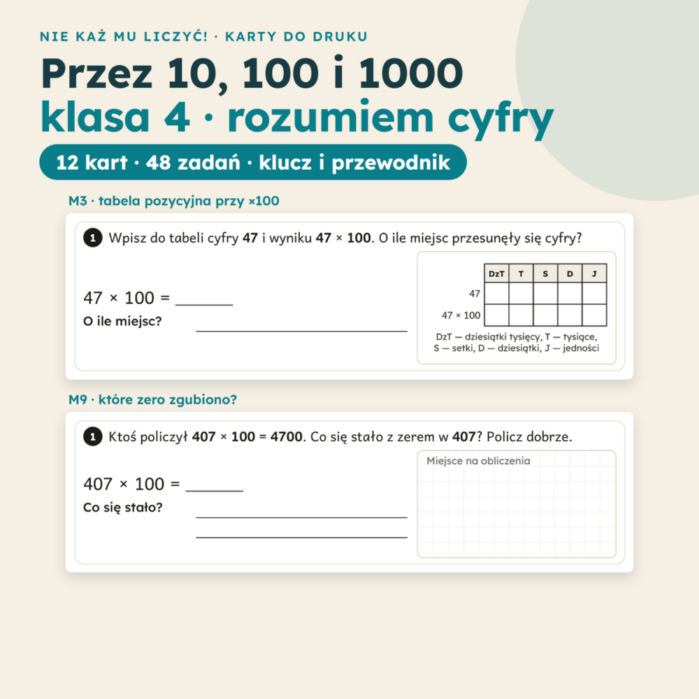 Mnożenie i dzielenie przez 10, 100 i 1000 – przykładowe zadania z kart M3 i M9