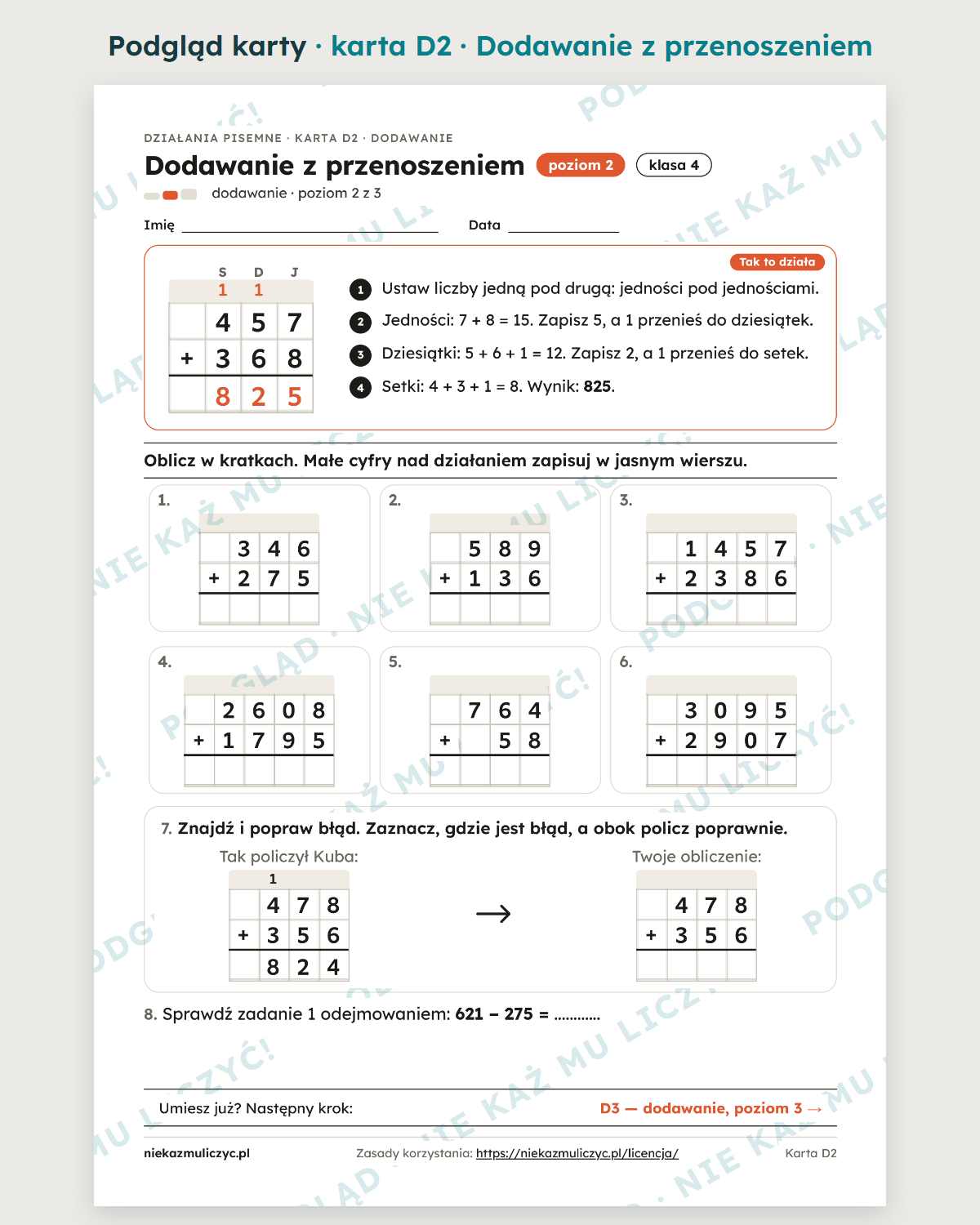 Karta D2: dodawanie pisemne z przenoszeniem – podgląd ze znakiem wodnym