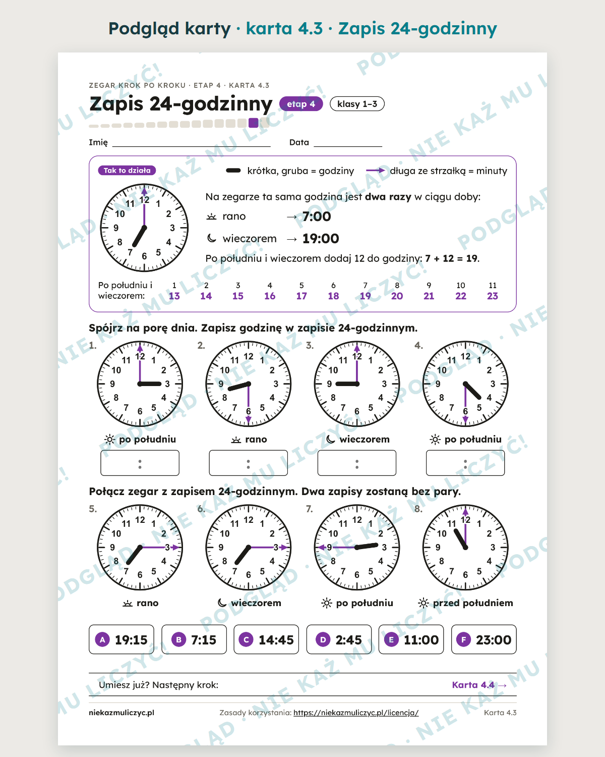 Podgląd karty 4.3 Zapis 24-godzinny – prawdziwe zadania z zestawu Zegar krok po kroku