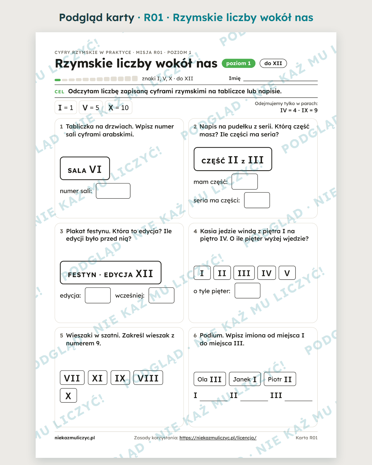 Karta R01: rzymskie liczby wokół nas, podgląd ze znakiem wodnym