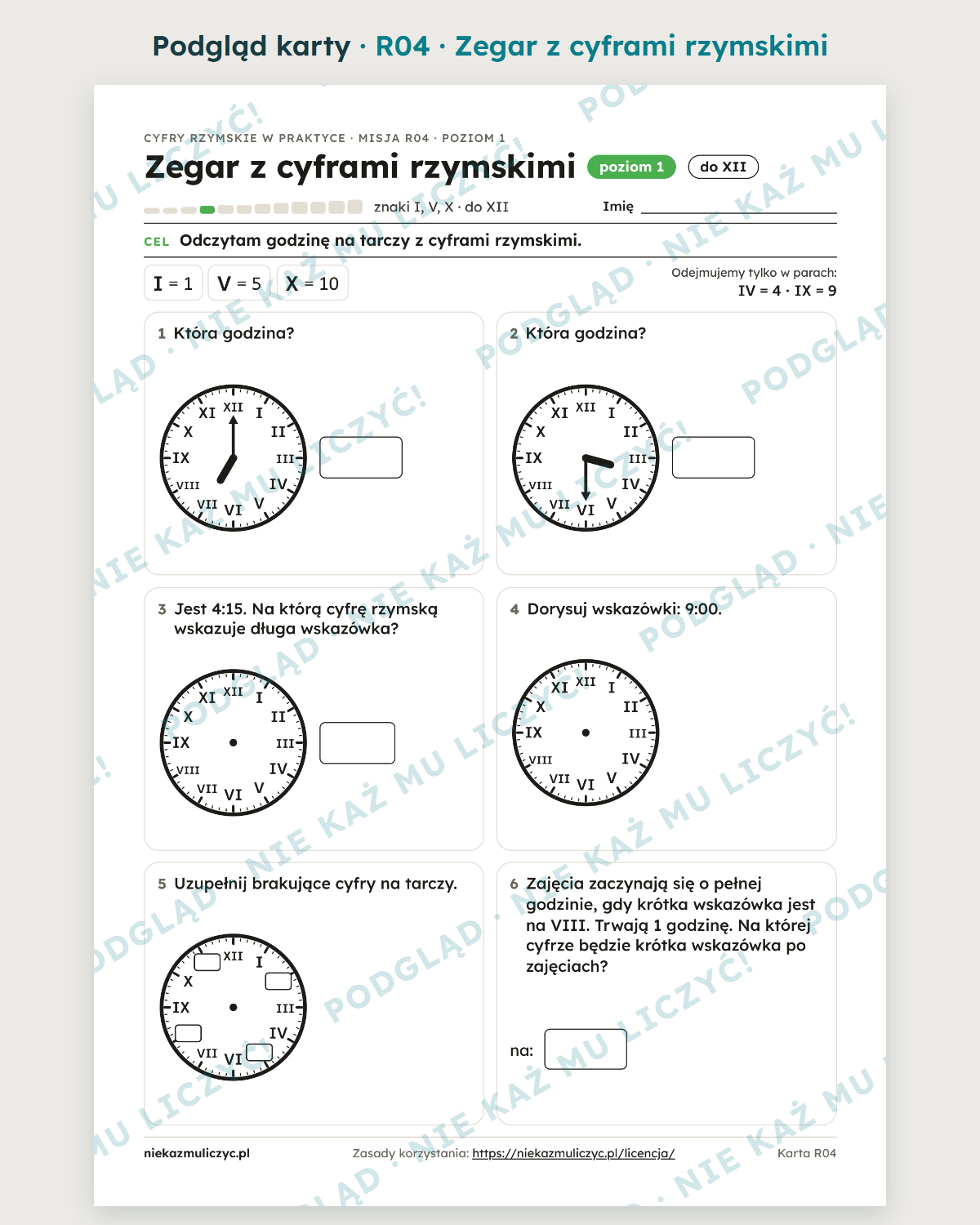 Karta R04: zegar z cyframi rzymskimi, podgląd ze znakiem wodnym