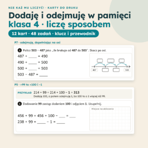 Dodawanie i odejmowanie w pamięci, klasa 4 – fragmenty kart P5 i P7 z zadaniami i osią liczbową