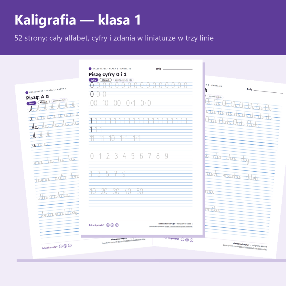 Kaligrafia klasa 1 — zeszyt do nauki pisania w liniaturze w trzy linie (PDF)