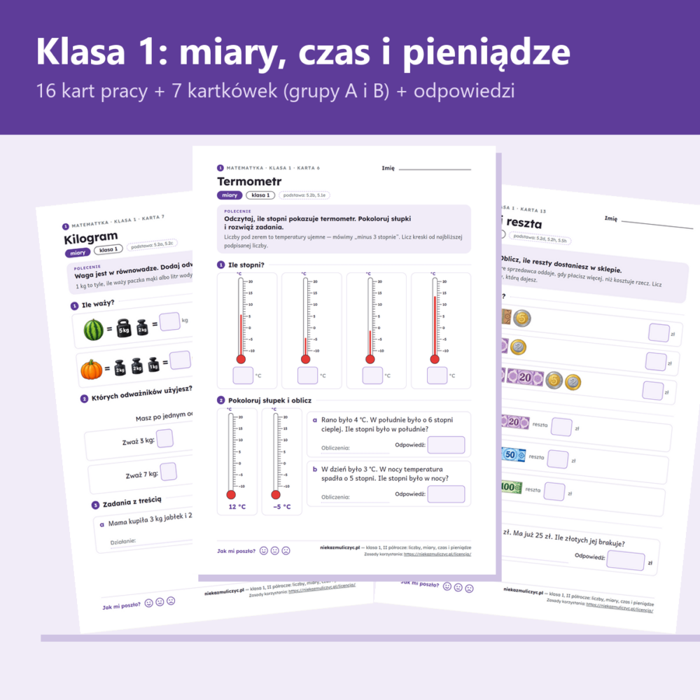 Klasa 1: miary, czas i pieniądze — karty pracy PDF