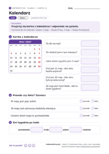 Karta pracy klasa 1: kalendarz