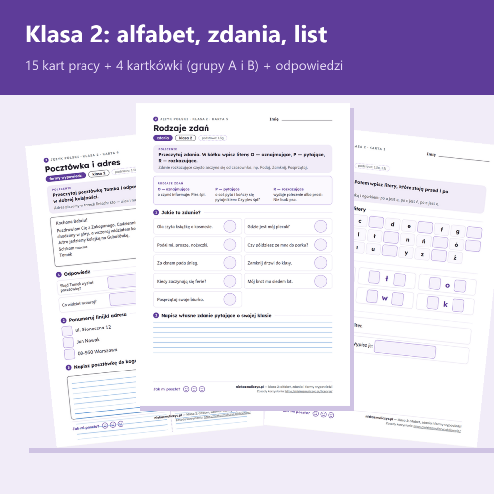 Klasa 2: alfabet, zdania i formy wypowiedzi — karty pracy PDF