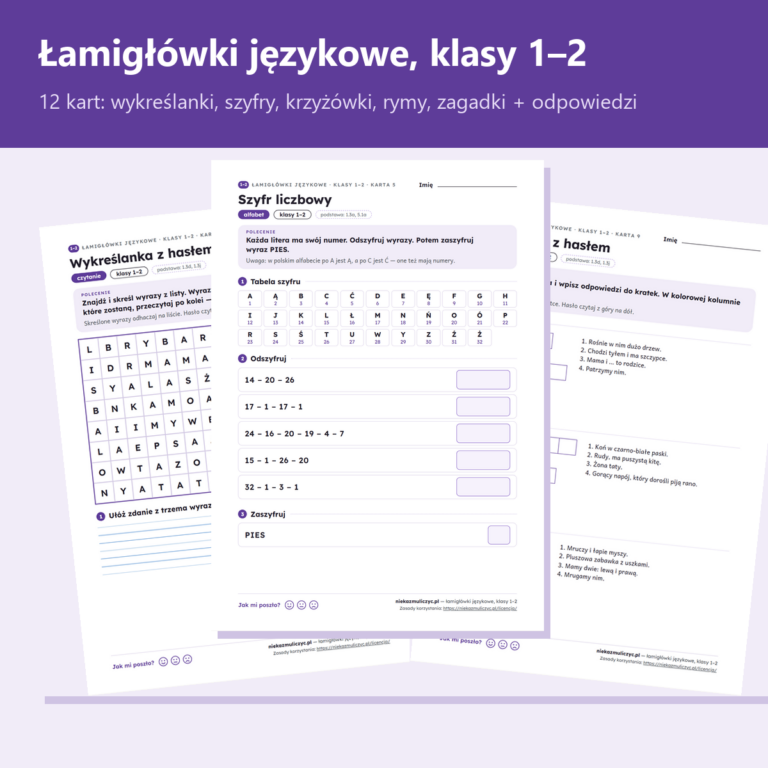 Łamigłówki językowe, klasy 1–2 — karty pracy PDF