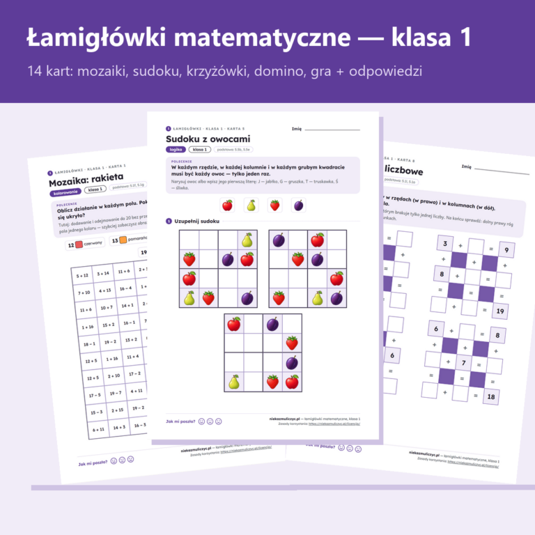 Łamigłówki matematyczne, klasa 1 — karty pracy PDF