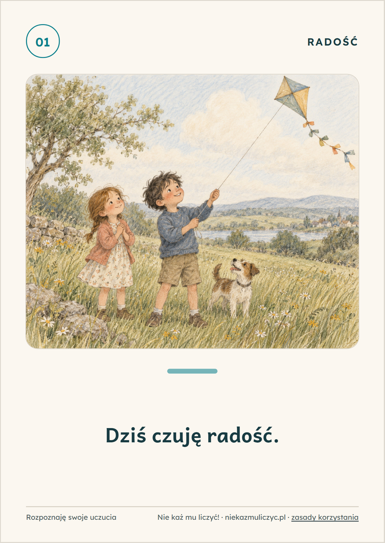 Karta emocji dla dzieci o radości – rysunkowa ilustracja z zestawu