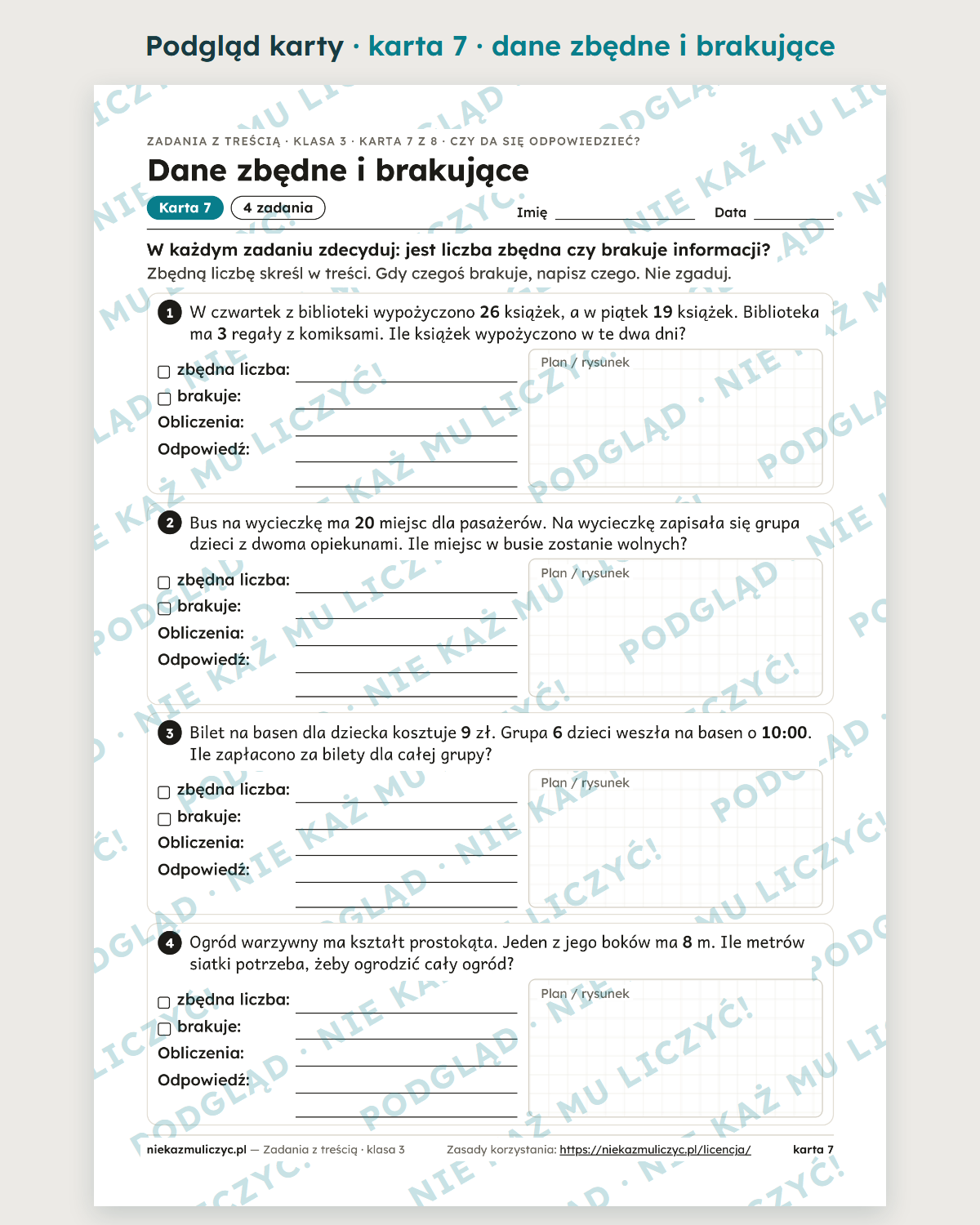 Podgląd karty 7: rozpoznawanie danych zbędnych i brakujących
