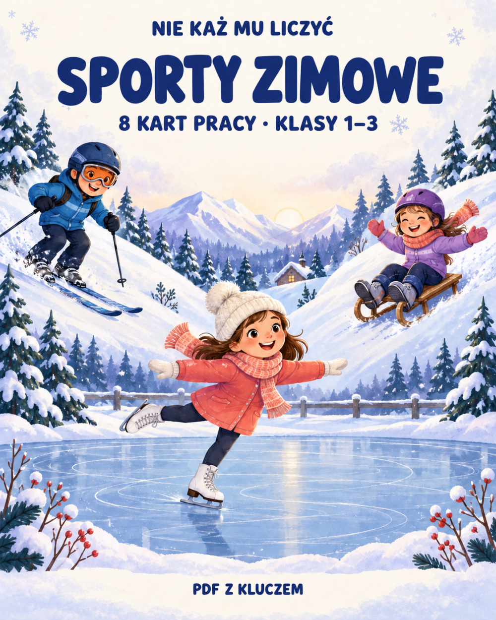 Sporty zimowe – okładka zestawu 8 kart pracy PDF dla klas 1–3