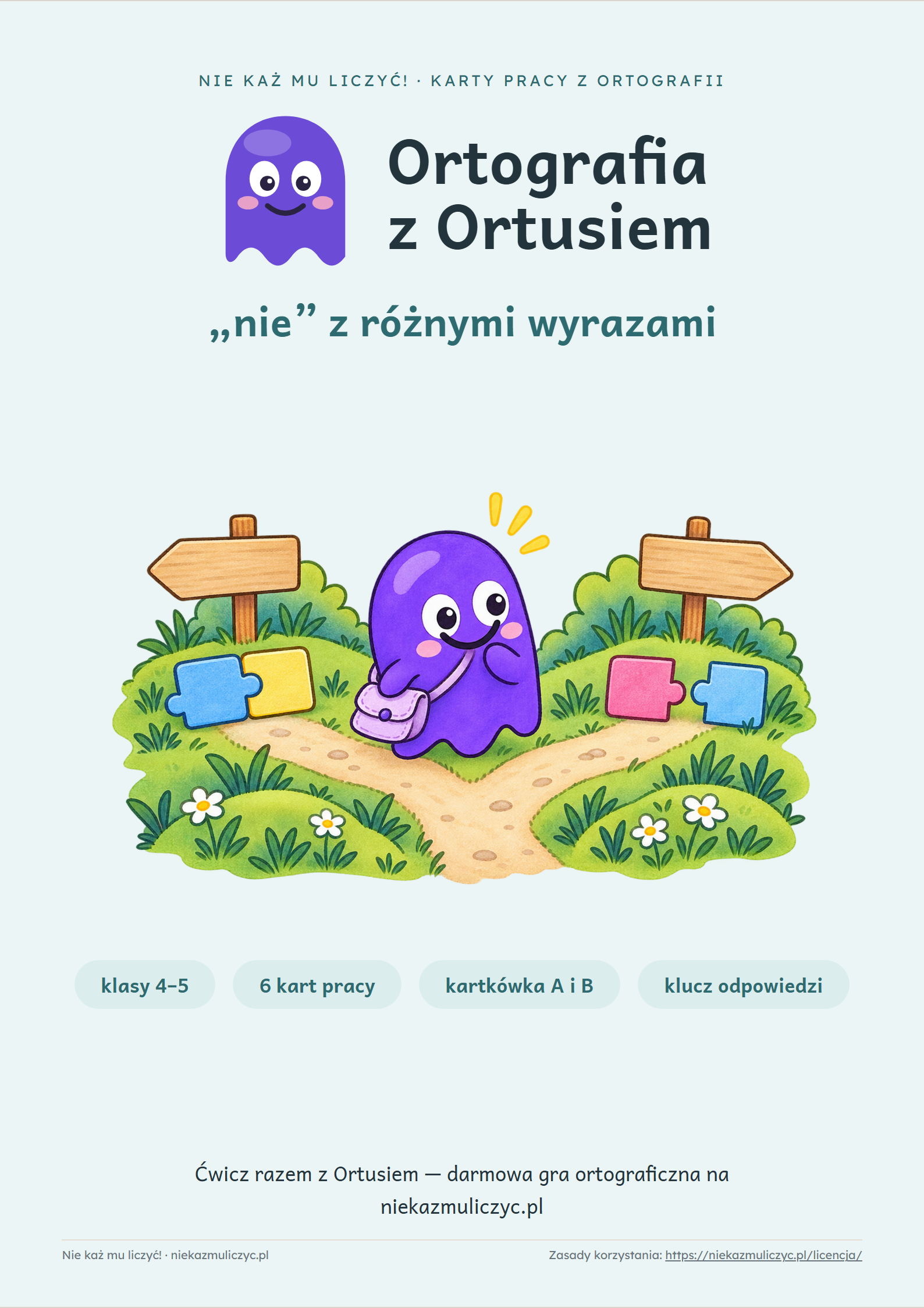 Okładka kart pracy Ortusia: pisownia „nie”, klasy 4–5